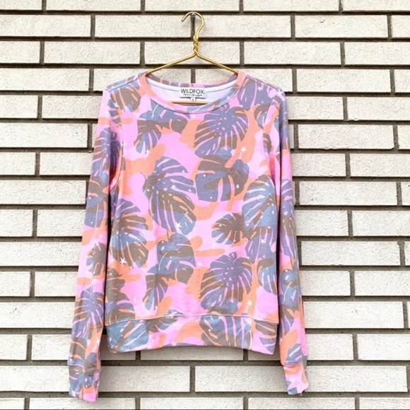 Wildfox Sommers Tropic Camo Palm Leaf Sweatshirt Pink Orange Stars Small NWT - Picture 2 of 8